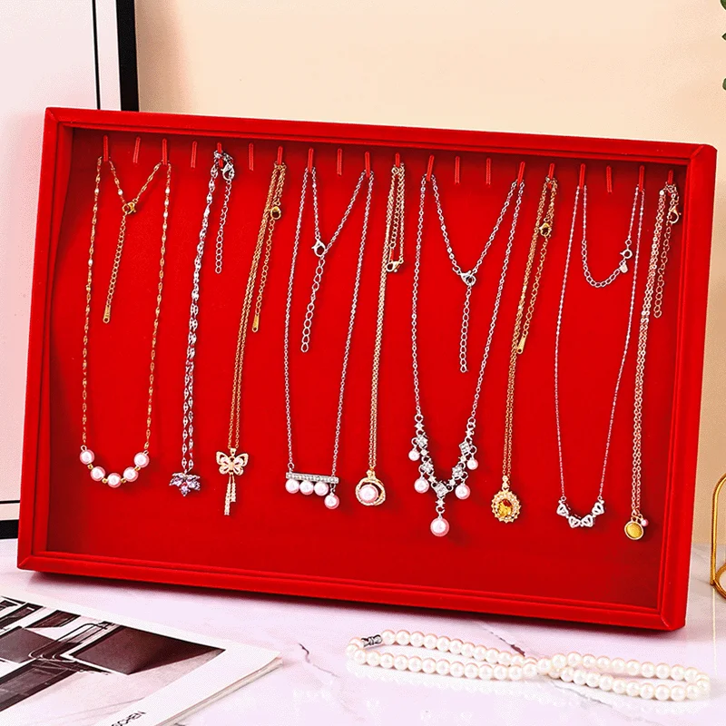 Red Velvet Multi-Hook Jewelry Tray, Large Capacity