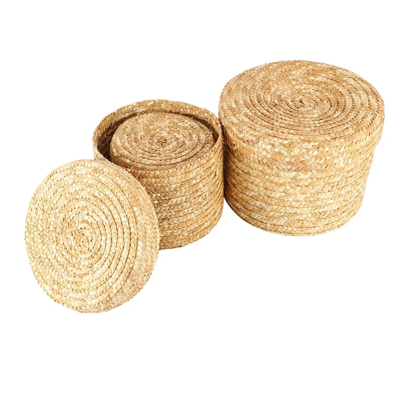 30 Pcs/Set Handmade Straw Woven Storage Basket With Lid Snack Organizer Storage Box Laundry Baskets Rattan Storage