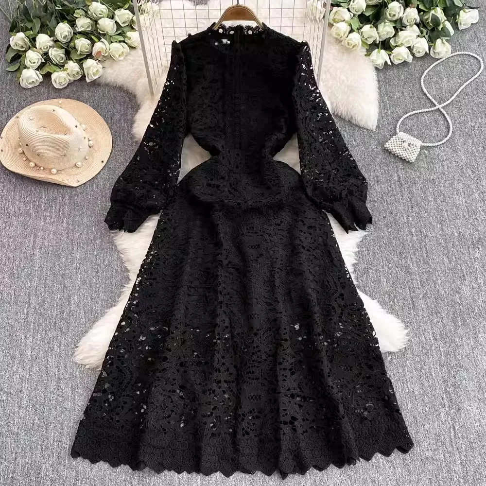 Autumn Fashion Crochet Lace Embroidery Flower Dress Women's Stand Collar Long Lantern Sleeve Hollow Out Party Runway Vestidos