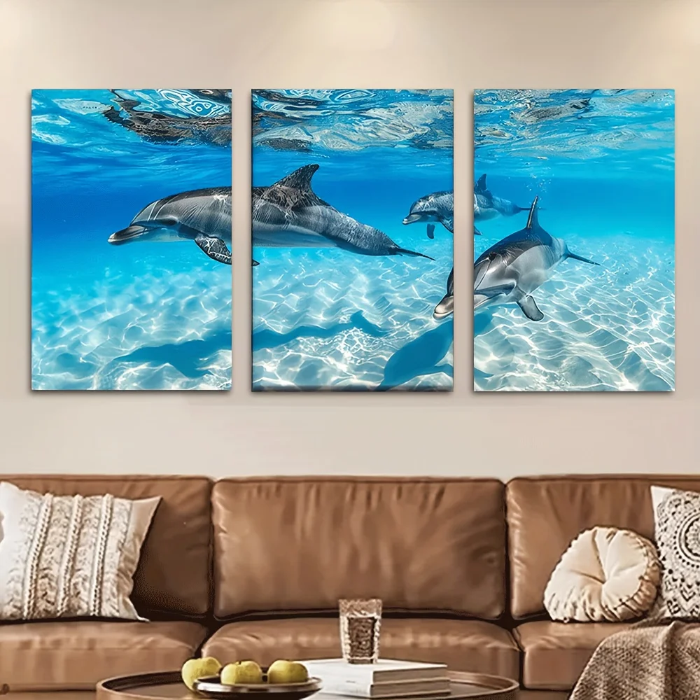 （NoFrame 3PCS）-3pcs/set, Canvas painting--Unframed, 30x20inch, Fascinating dolphin family in the ocean, Wall decoration, bedr