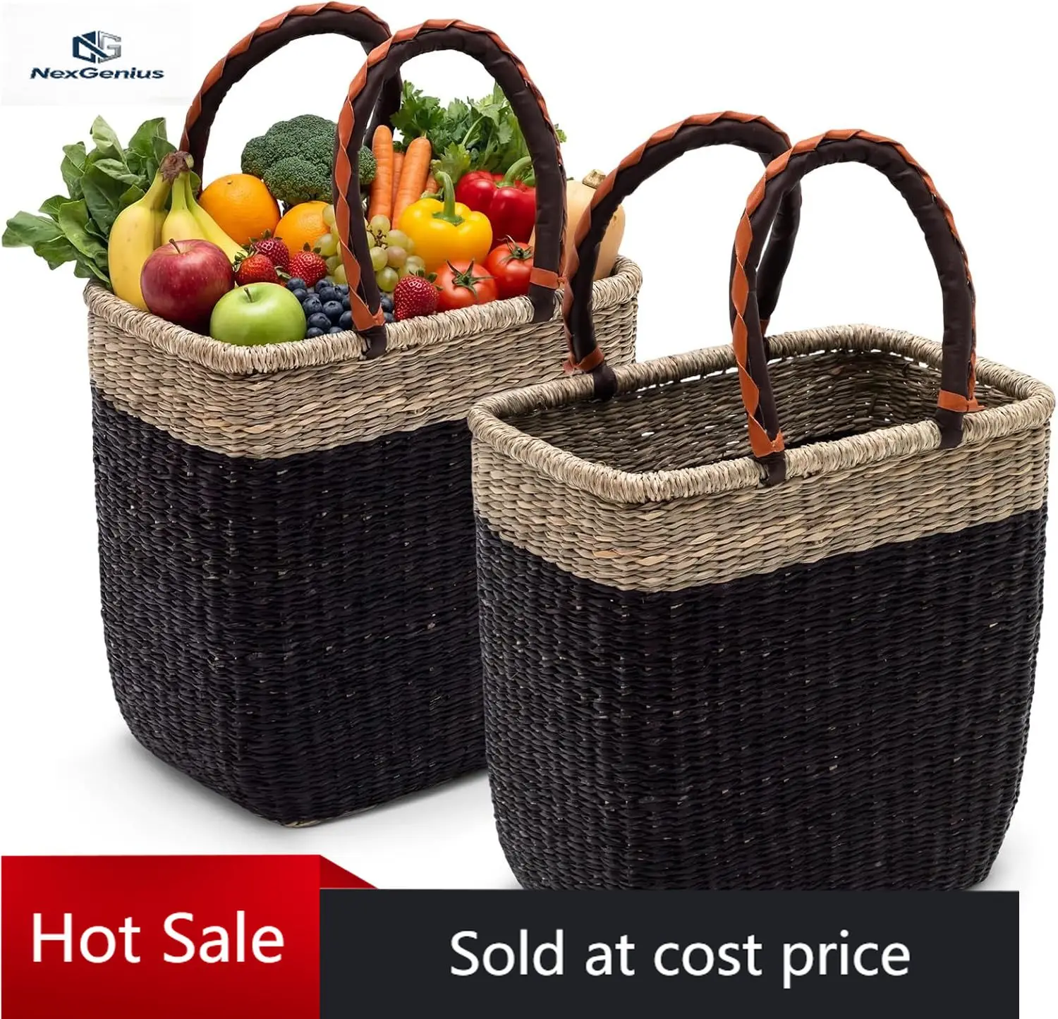 

Набор из 2 больших плетеных корзин для пикника с складными кожаными ручками, усиленными краями и дном, многофункциональная сумка для продуктов от фермера