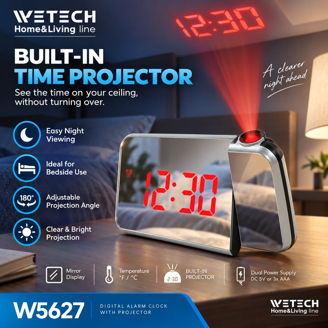 Sveglia digitale con proiezione, display a LED e specchio, proiettore di orario, indicatore di temperatura. ° C/ ° F, Modalità Notturna, Alimentazione Doppia USB/Batteria per Comodino in Camera da