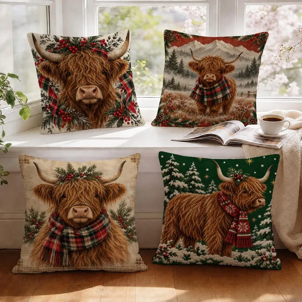 Highland Cow Cushion Cover 1/4Pcs Linen Throw Pillow Covers Double-Side Print Sofa Couch Living Room Decor