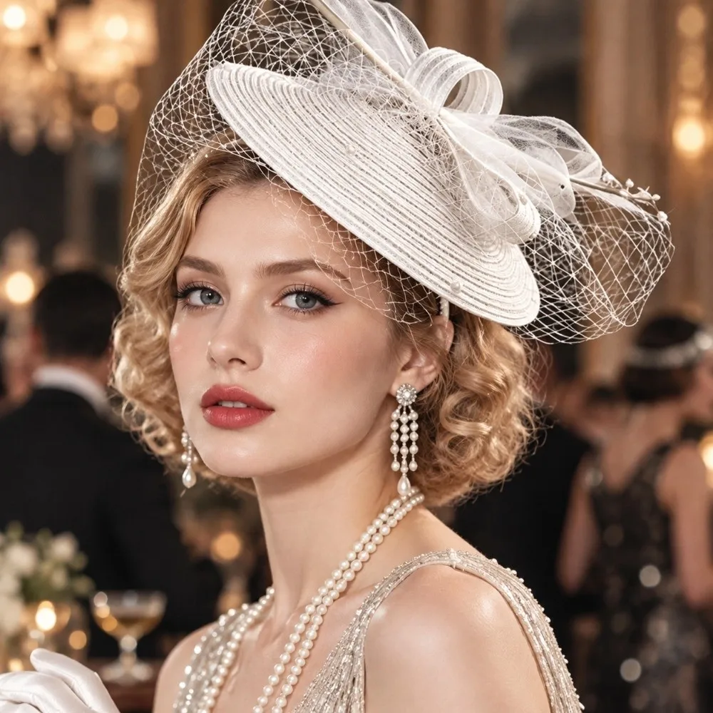 Fashion Exquisite Mesh Bow Headband Elegant French Mesh Small Top Hat Sweet Wide Brim Bride Headdress Photography