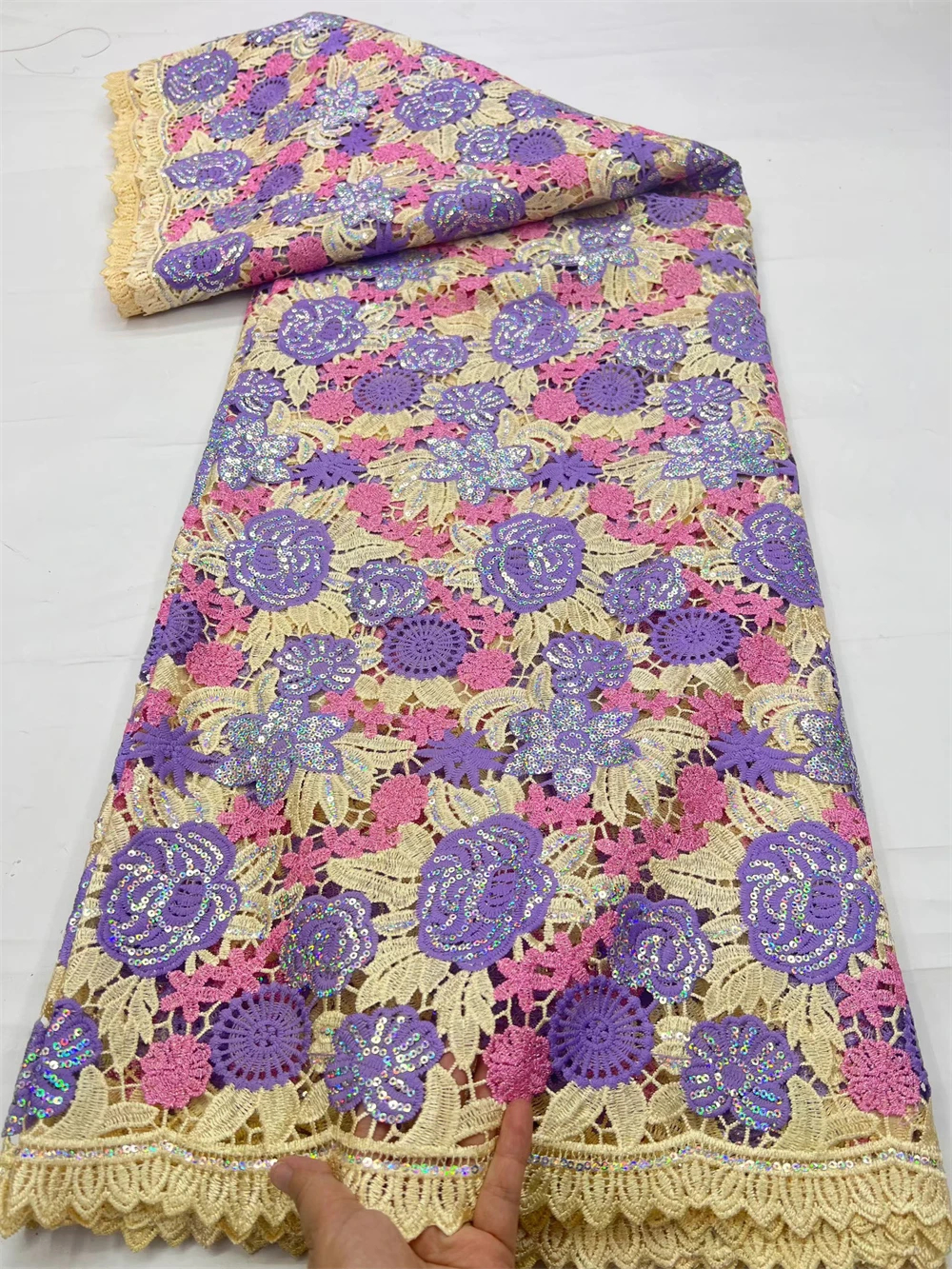 

African Sequins Guipure Cord Lace Fabrics High-Quality Water Soluble Nigerian 5 Yards for Women's Dresses Sewing