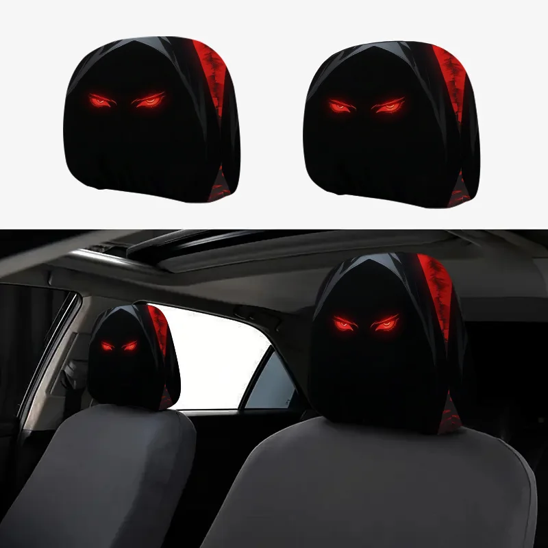 2Pcs Red‑Eyed Shadow Figure Print Car Headrest Covers, Dark & Mysterious Style, Auto Interior Decor Accessories