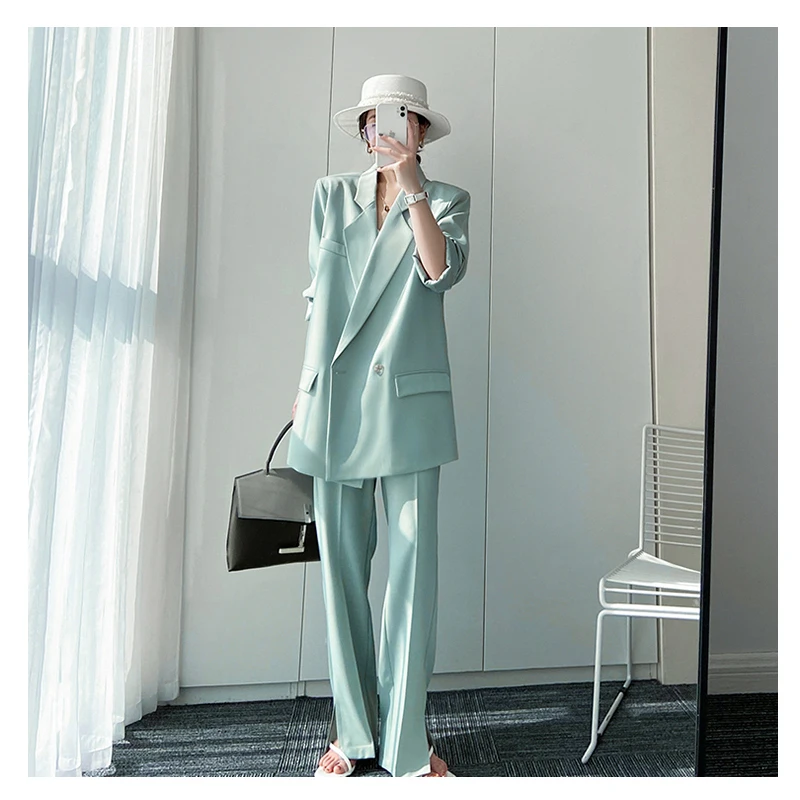 Mint Green Suit Jacket Women's 2022 Spring Korean Version of the New Casual Temperament Fashion Thin Slit Pants Set