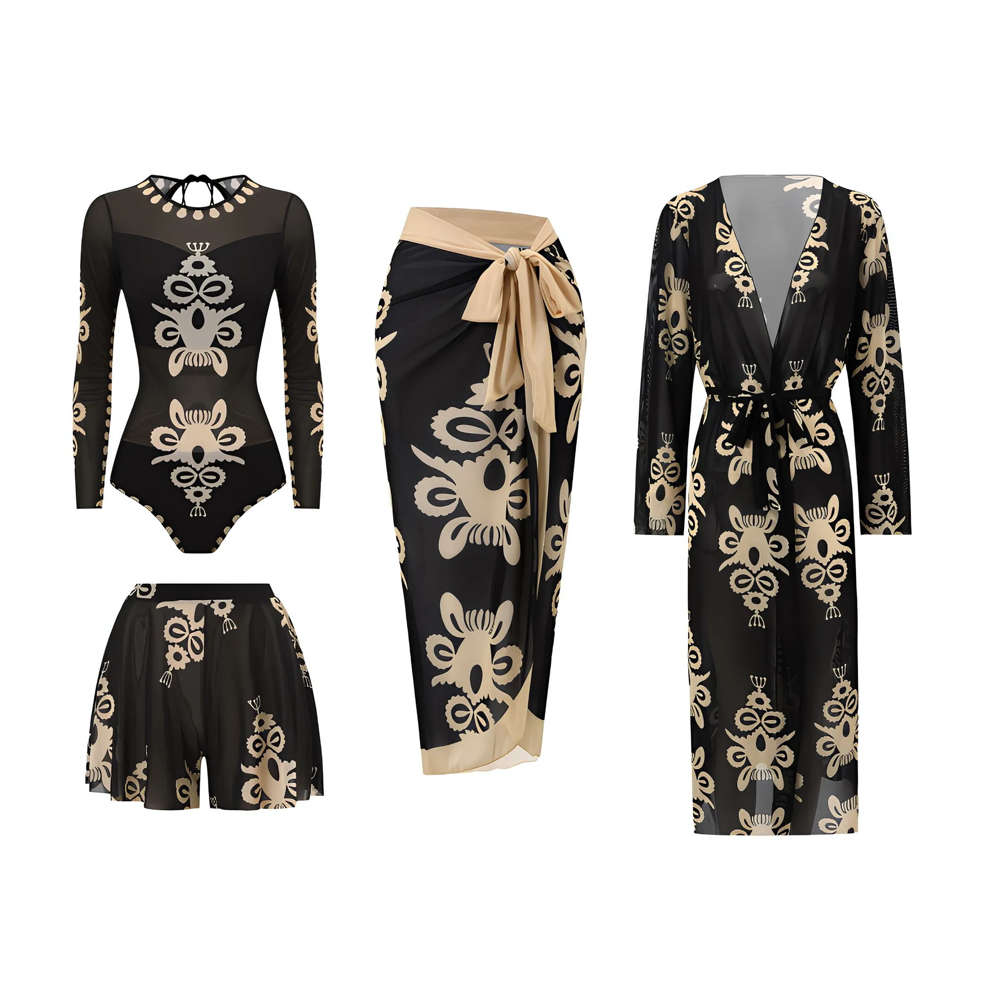 2026 Women 4Pcs Leopard Floral Print Swimwear Set Long Sleeve Mesh Rash Guard + Beach Cover Up Robe Wrap Skirt Shorts Купальник