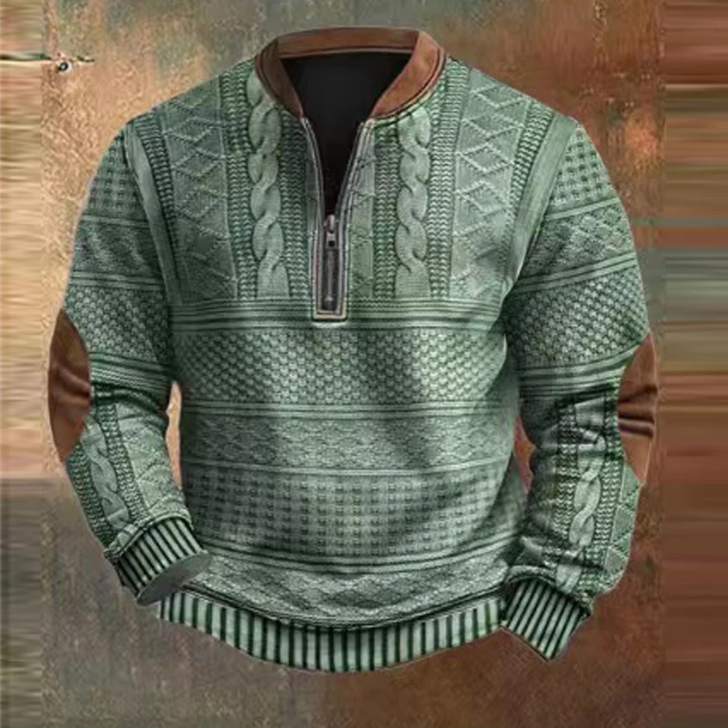 

Ретро цифровая печать лоскутные толстовки для мужчин осень повседневные толстовки на молнии с круглым вырезом зимние вафельные топы с длинными рукавами мужская одежда