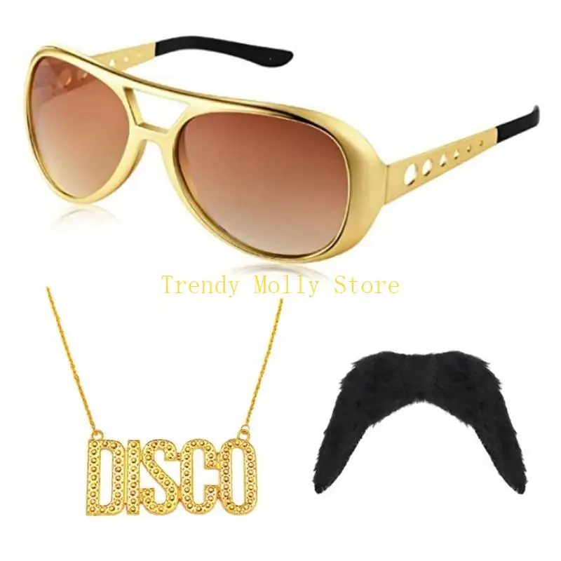 N5KB 3 PCS Mulheres Discos Coloque figurino Óculos Bigode 60s 70s Acessórios fantasia Hippie Glasses Men Hippie