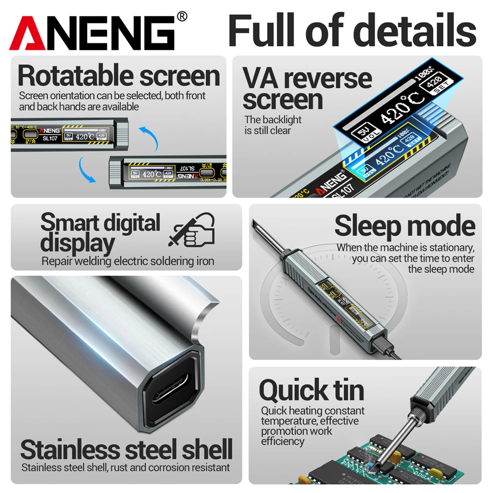 ANENG SL107 Electric Soldering Iron Repair Welding Tester Ceramic Heating Core Test USB Charging Adapter Tin Voltage Ocfast Tool