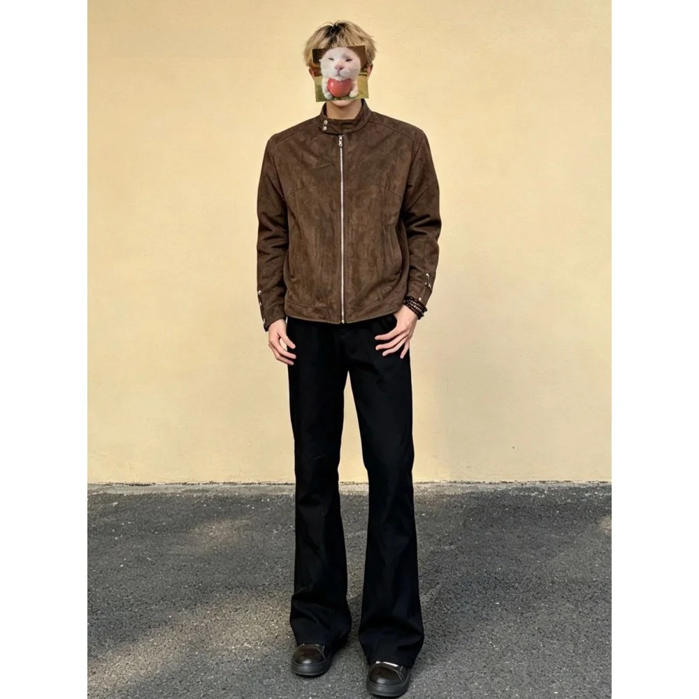 Loose Straight Leg Jeans Men's Black Bell Bottoms Slimming Long Leg Effect High Street Pleated Simple Design Casual Trousers
