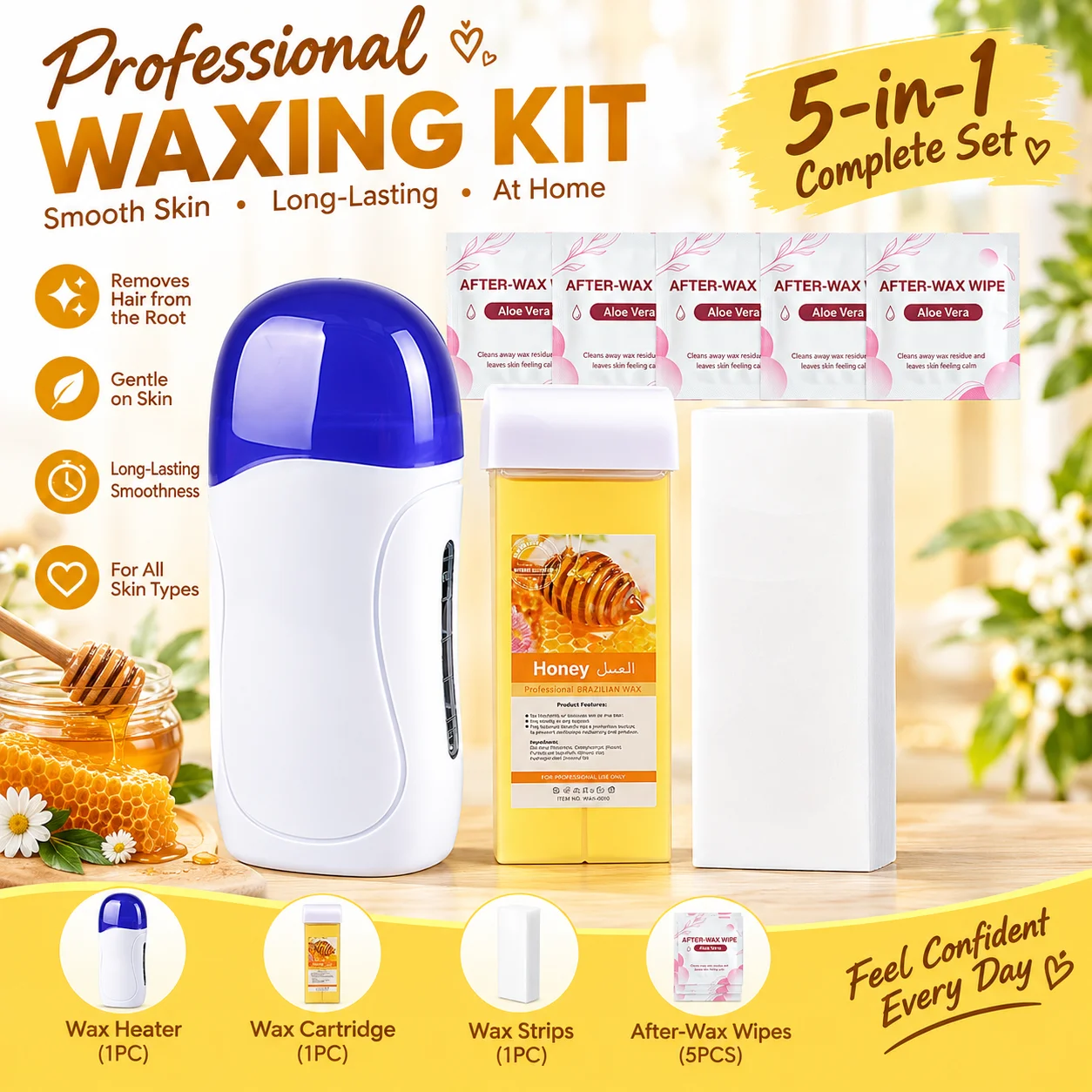 Viilife 5-in-1 Home Waxing Kit for Unisex Hair Removal with 3 Scent Options Complete Wax Heater And After-Wax Care Set