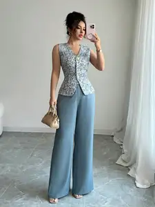 Elegant Blue 2-Piece Set for Women, Sleeveless Vest with Gold Buckle & Wide Leg Pants, Summer Casual Outfit