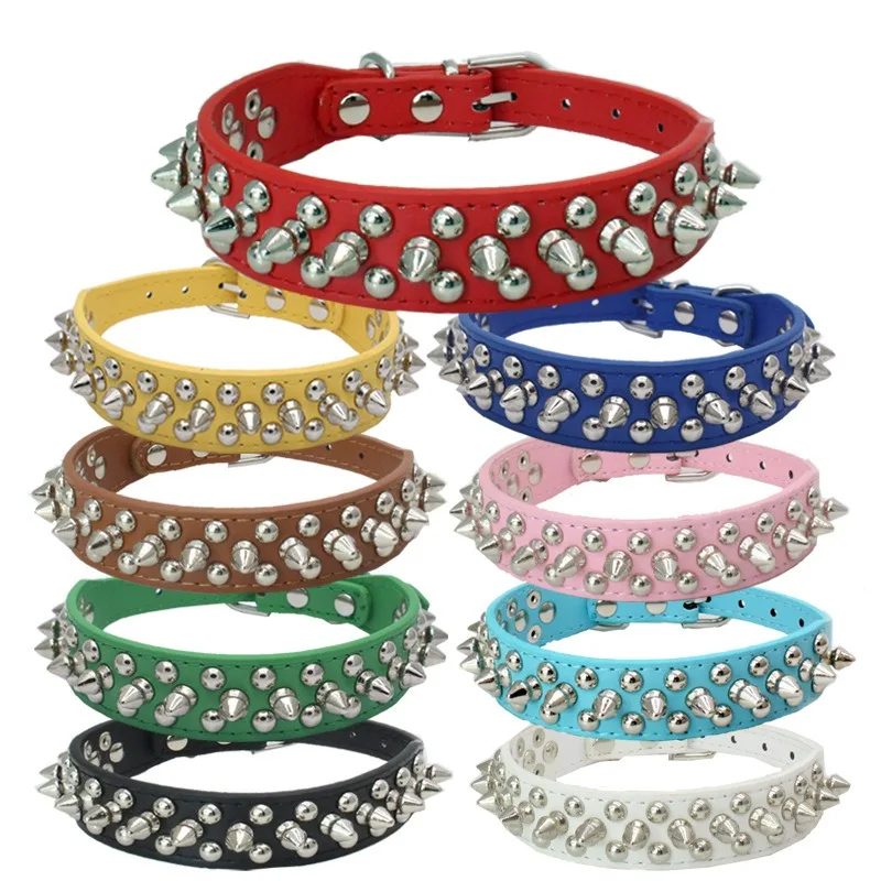 Adjustable Leather Pet Dog collar Neck Strap Supplies PU Leather Punk Rivet Spiked Dog Collar Pet Collars For Small Dog Cat