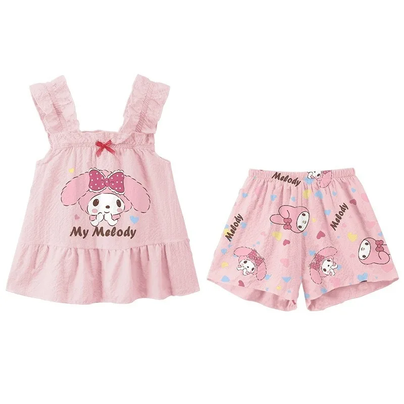 2024 New Sanrio My Melody Cinnamoroll Kuromi Girl Vest Sling Shorts Pajamas Suit Summer Loose Leisure Comfortable Loungewear Set