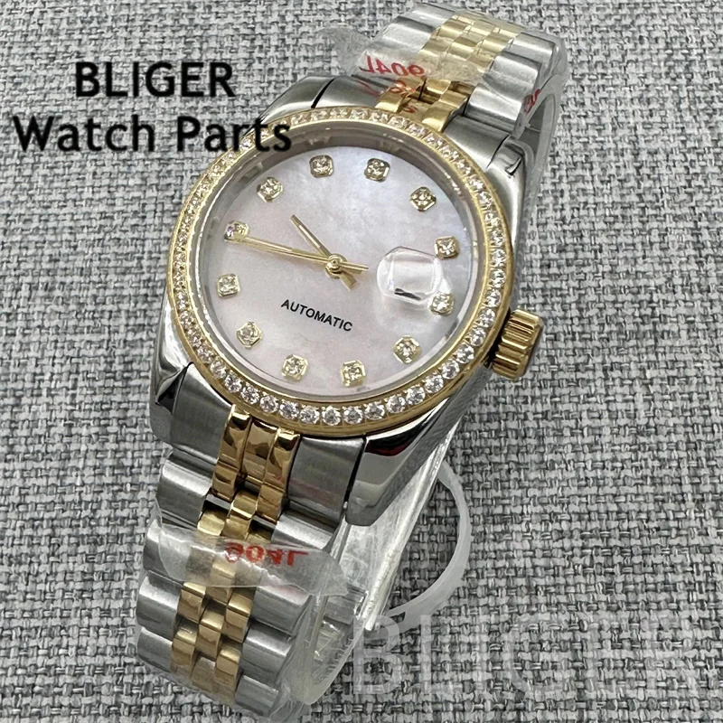 BLIGER 여성용 기계식 시계 31mm 다이아몬드 시계 케이스 인덱스 핑크 쉘 다이얼 사파이어 NH05 무브먼트 100m 방수