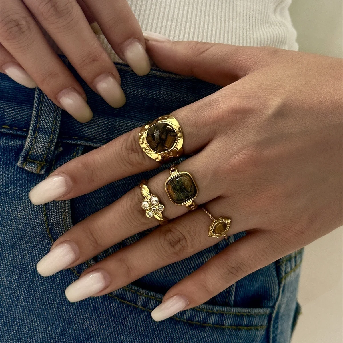 Edelstahl Natürlicher Tigerauge-Stein Wassertropfen-Hammer-Ring Breiter Ring für Damen und Herren Französischer Vintage Geometrischer Blumenring Schmuck – Detail 6