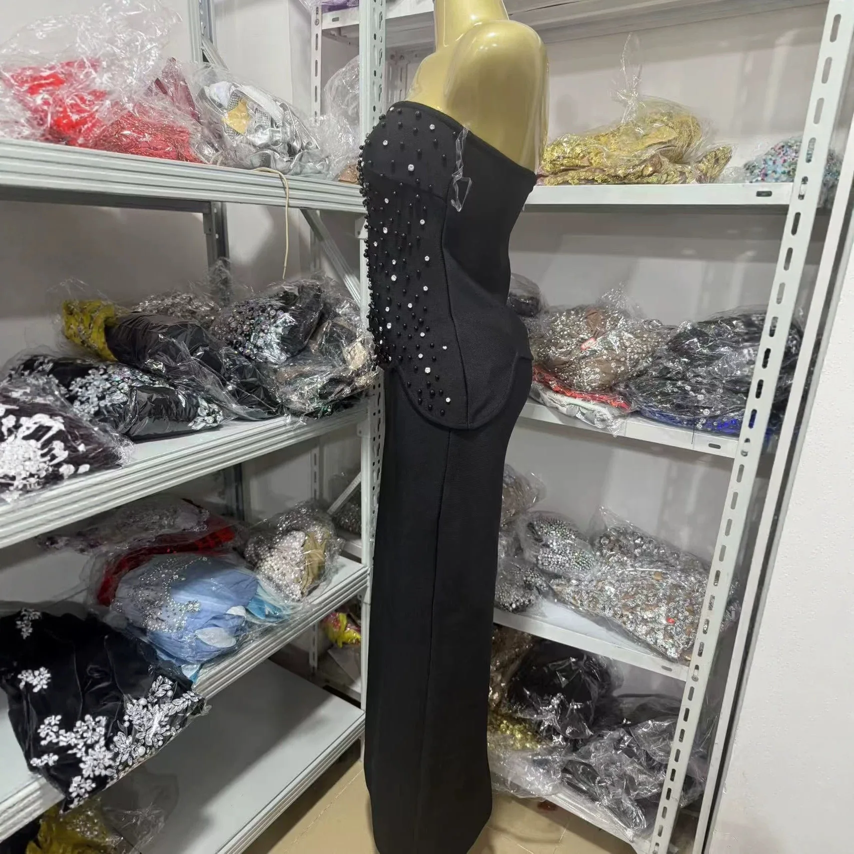 Sexy Black Strapless Diamond Embellished Sequin Slimming Two-Piece Evening Dress Elegant Backless Formal Bandage Skirt Set Gown