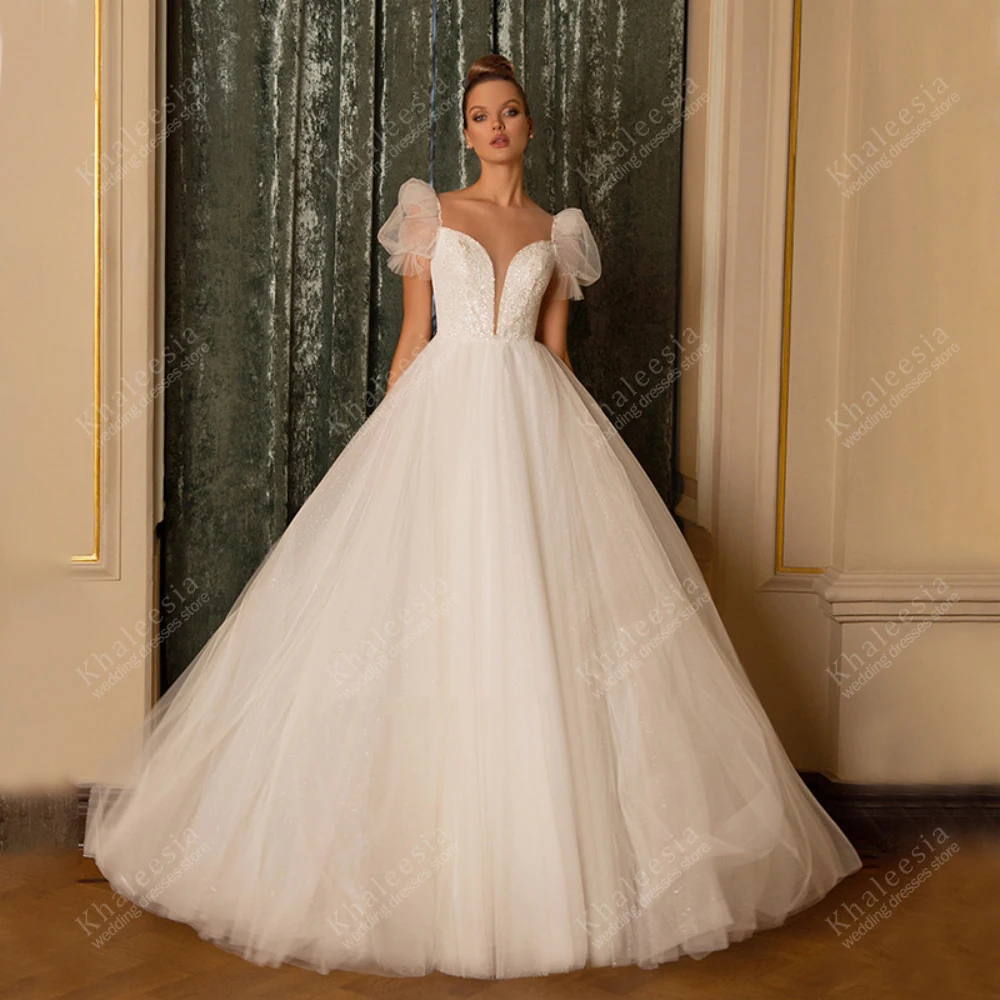 Vestidos De Novia glamorosos, Vestidos De Novia elegantes, mangas cortas abombadas, batas De princesa, Vestidos De Novia escalonados De tul personalizados 2025