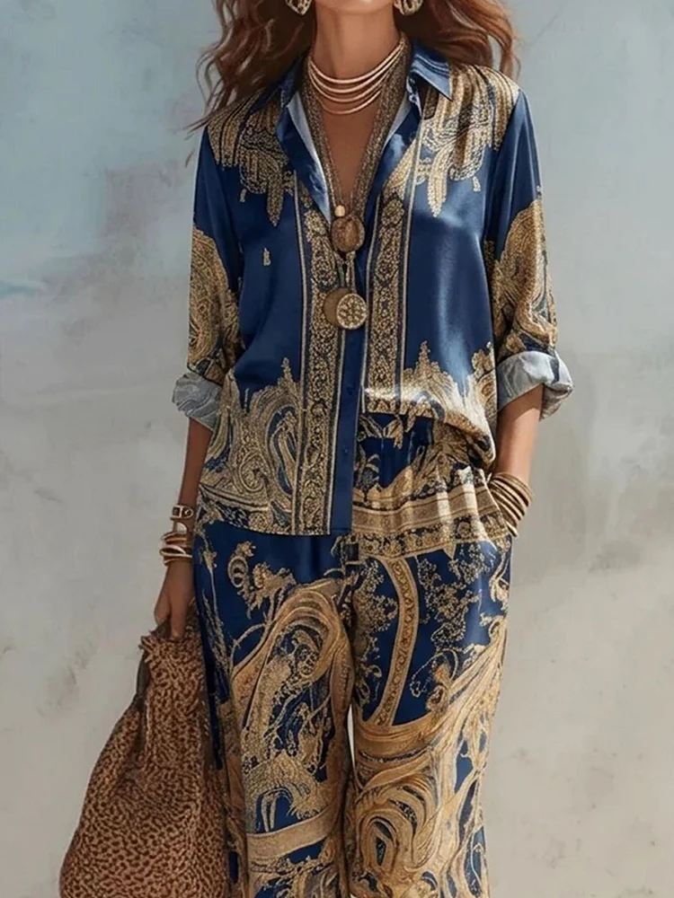 Women Turn-Down Collar Long Sleeve Cardigan Top And Wide Leg Pants Two Pieces Set Loose Printing Spring Summer Outfit Streetwear