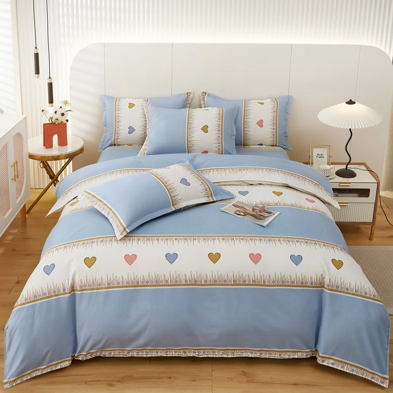 Love Heart Print Duvet Cover Set Queen Kawaii Reversible Bedding Set Soft Geometric Striped Comforter Cover with 2 Pillow Case