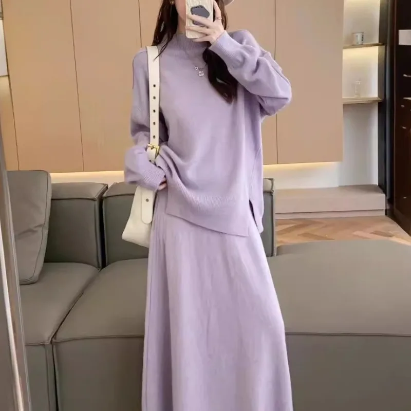 

Корейский шикарный вязаный пуловер с разрезом и длинными рукавами + брюки с эластичной резинкой на талии, комплект из 2 предметов, осенне-зимний женский костюм