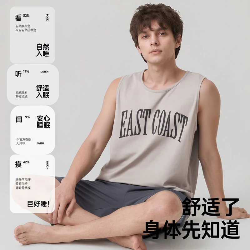 2026 Summer Sleeveless Vest 100% Cotton Pajama Sets for Men Korean Loose Sleepwear Suit Pyjama Homewear Male Pijama Home Clothes