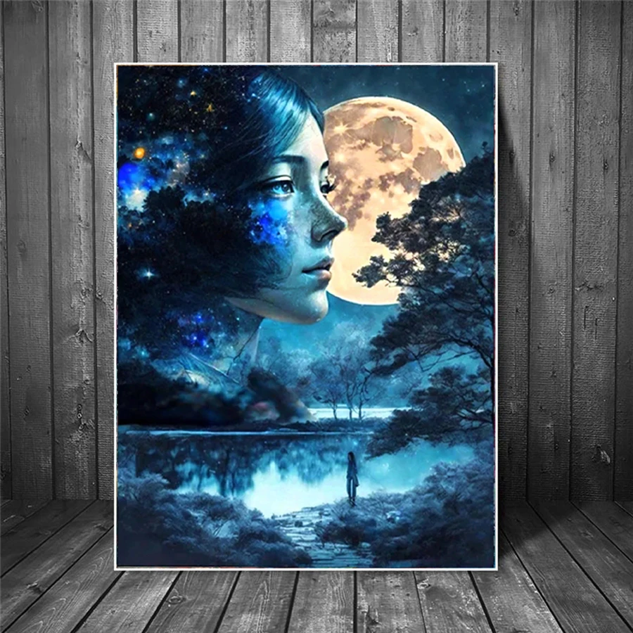 Peinture au diamant abstraite avec vue sur la forêt bleue, visage de femme avec lac, perceuse complète d'aviation, décor de point de croix fantaisie, 5D, bricolage