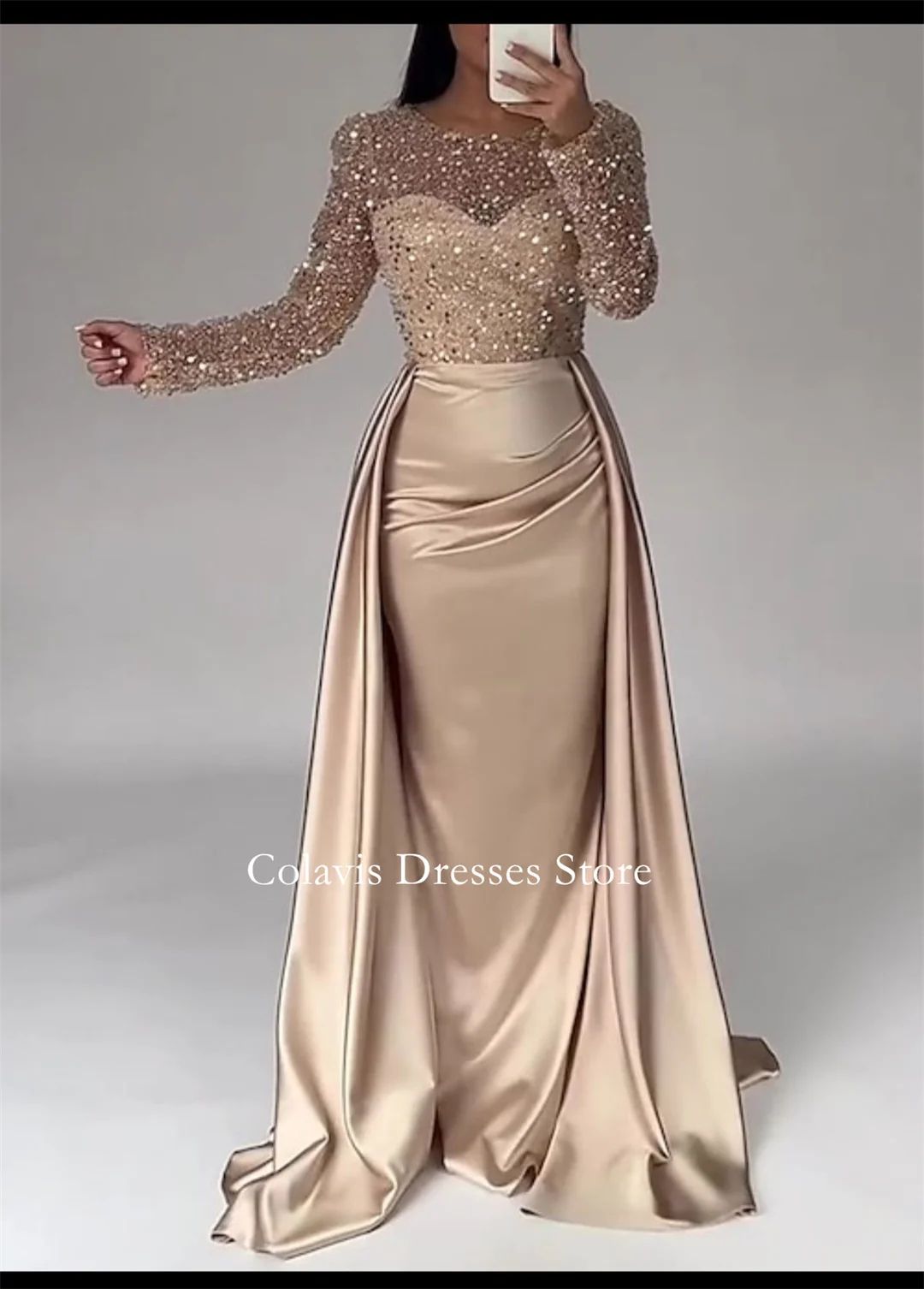 

Colavis Fashion Round Neck Customized 2024 New Women's Maxi Champagne Satin Prom Dress Sequined Celebrity Vintage Party Dress
