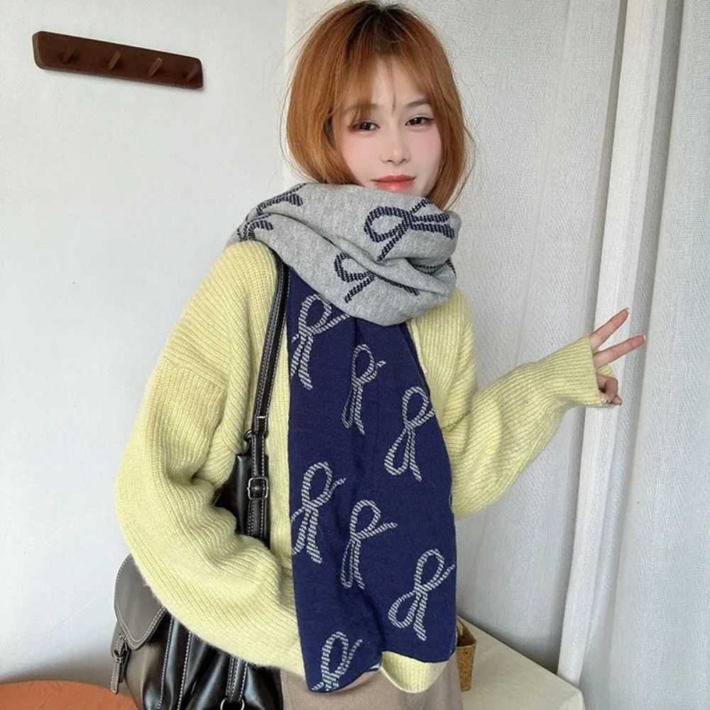 Bufanda con lazo ligera a la moda, bufanda de lana de imitación a prueba de viento de dos caras, chal cálido de invierno de estilo coreano para mujeres/hombres