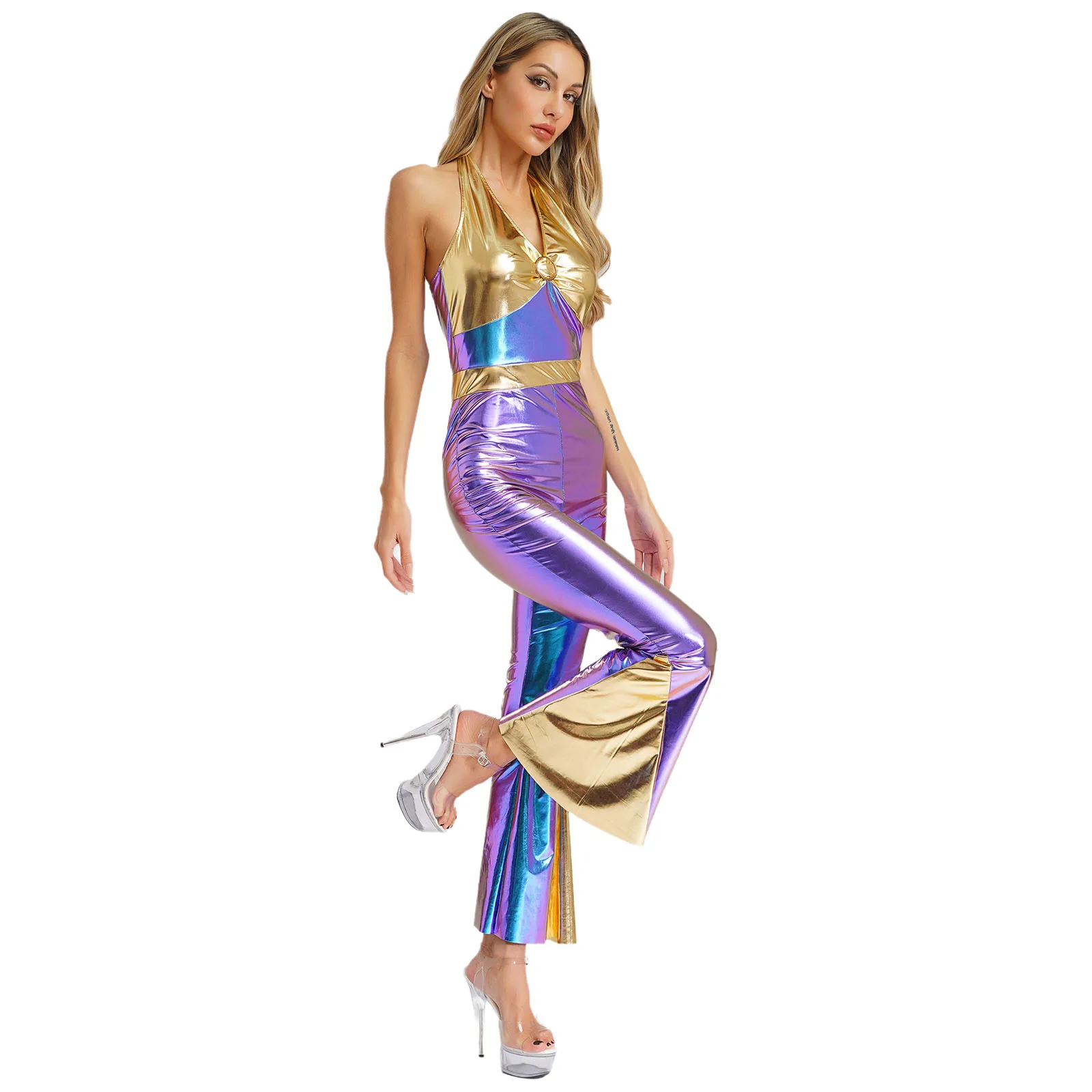 

Women Vintage Hippie 70s 80s Disco Jazz Dance Performance Rompers Halter Sleeveless Flared Jumpsuit Party Carnival Dance Outfits