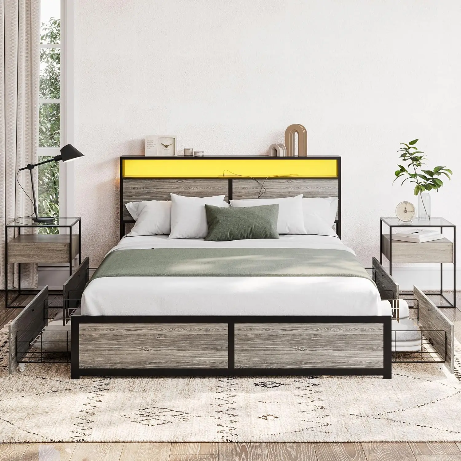 Queen Size Bed Frame with 2-Tier Storage Headboard and 4 Drawers Under Bed, Sturdy Metal Platform Remote Control RGB LED Light