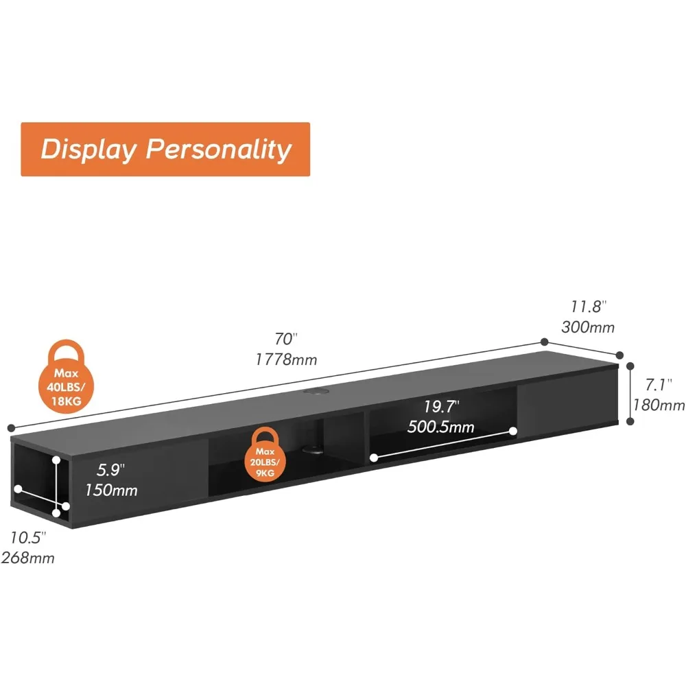 Suporte de TV flutuante de 70 polegadas, adequado para TVs menores de 75 polegadas, suporte de TV flutuante com espaço de armazenamento sob a TV da sala de estar