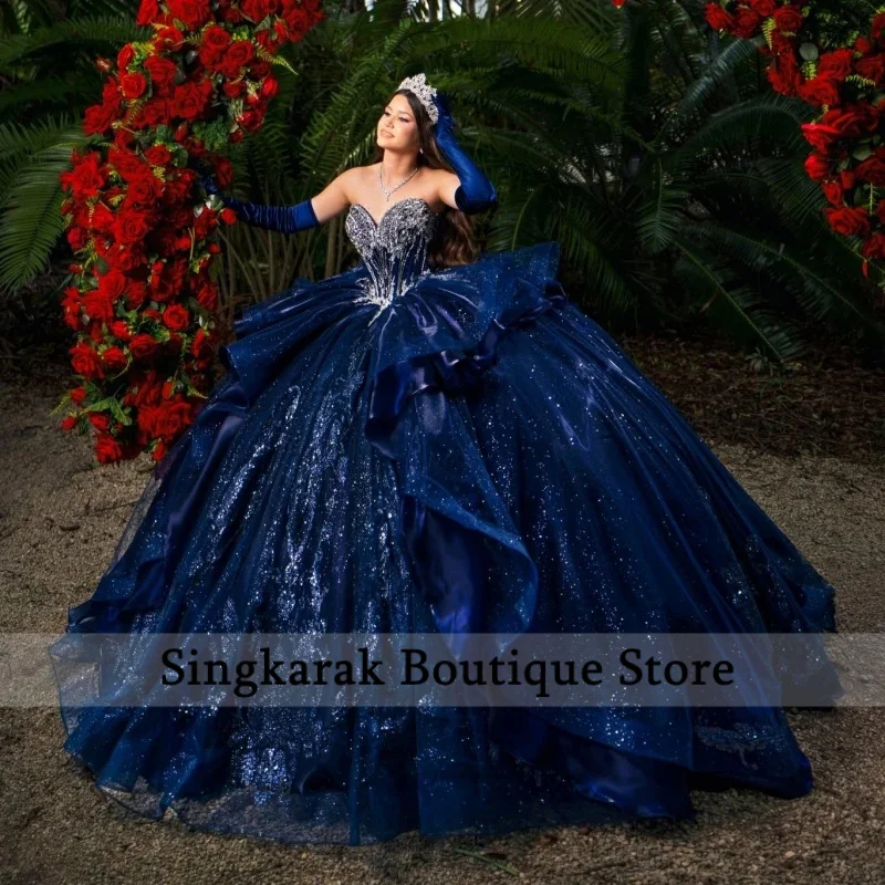 Navy Blue Glitter Ball Gown Quinceanera Dresses Sequin Applique Lace Beading Crystal Bow Tiered Tull Corset Off The Shoulder Swe
