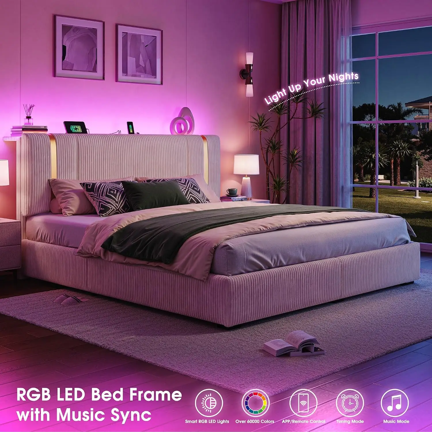 Bed Frame 6 Drawers Adjustable Headboard Beige, Customized image 5