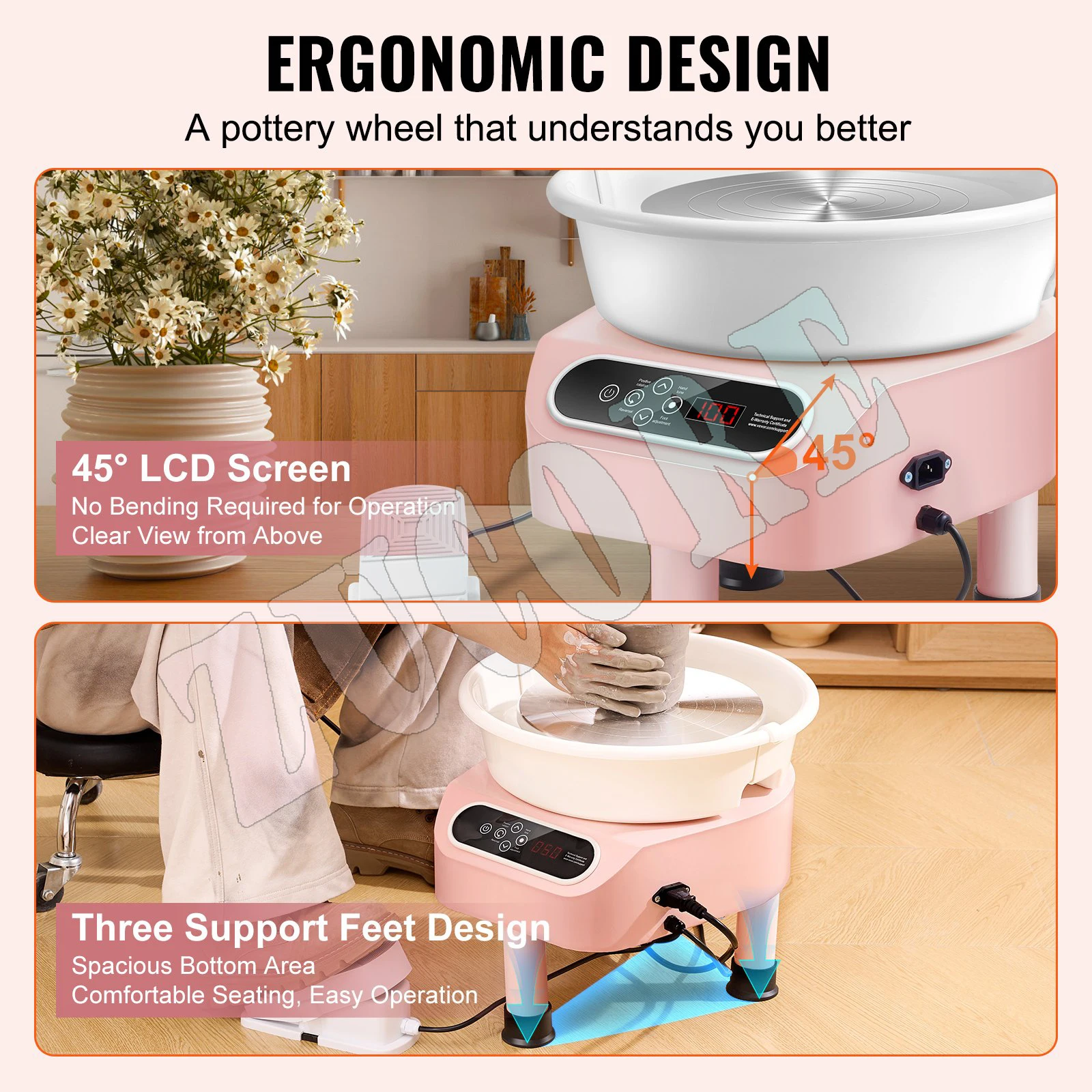 Macchina per la formatura di ceramica da 450 W Ruota per ceramica Ruota in ceramica a trasmissione diretta da 28 cm con 3 gambe di supporto per schermo LCD artigianale fai-da-te