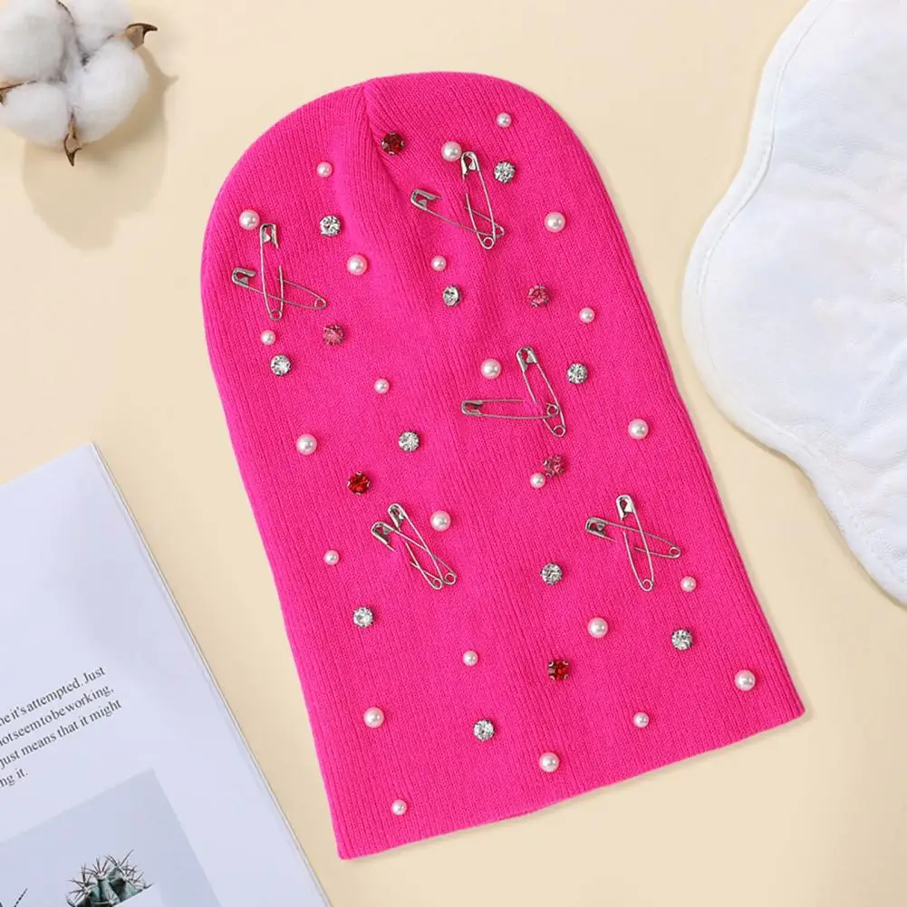 Soft Yarn Warm Cap Colorful Rhinestone Knit Hat Faux Pearl Safety Pin Bling Winter Warm Hop Cap Luxury Embellished for Women