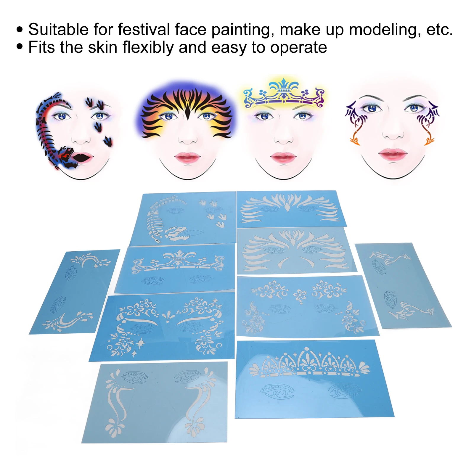 Stencil per pittura per il viso da 10 fogli PET Holiday Halloween Makeup Modello per pittura per il viso per stencil per il viso per spettacoli teatrali