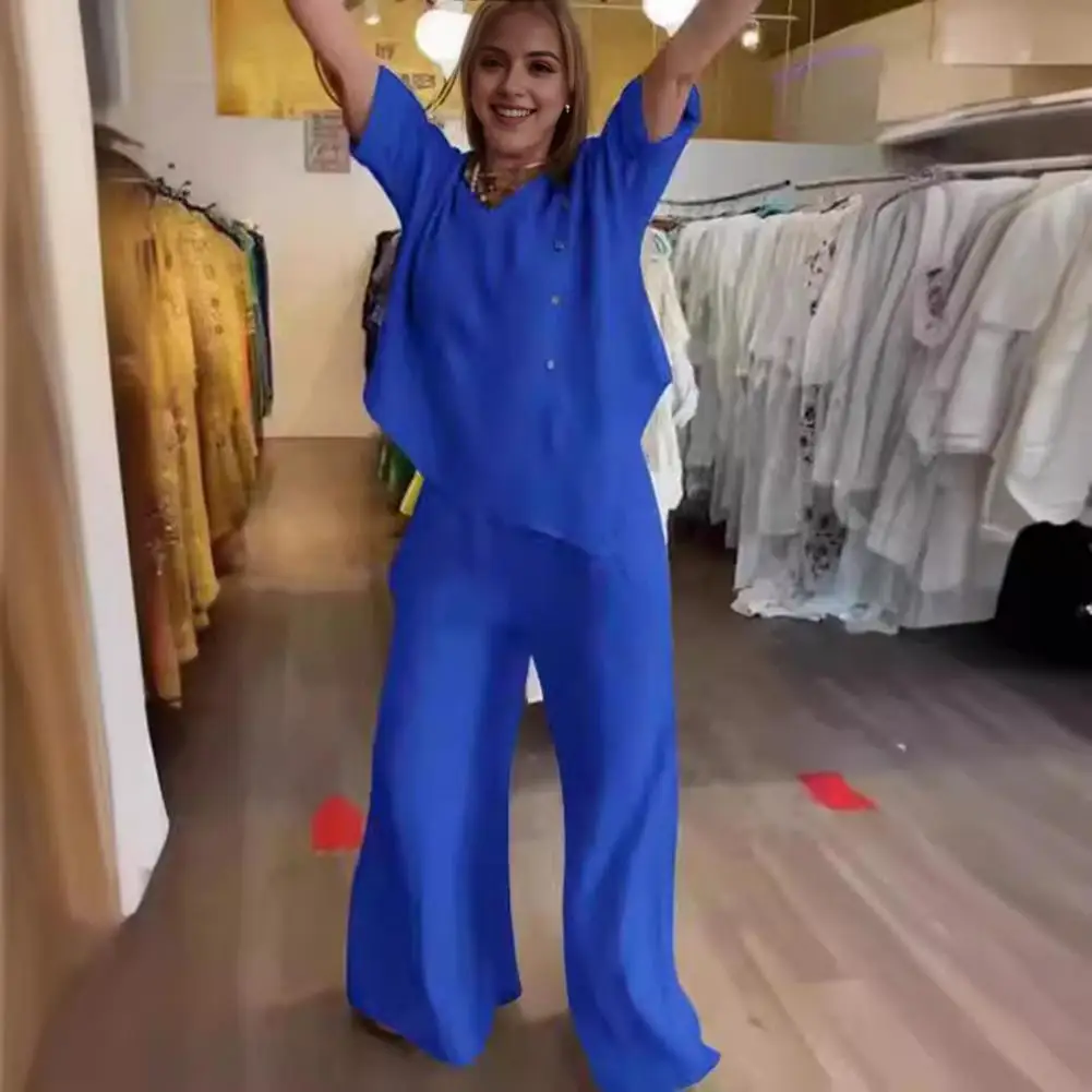 Solid Color Two-piece Set Stylish Women's V Neck Top Wide Leg Trousers Set with Adjustable Waist Casual Blouse for Fashionable