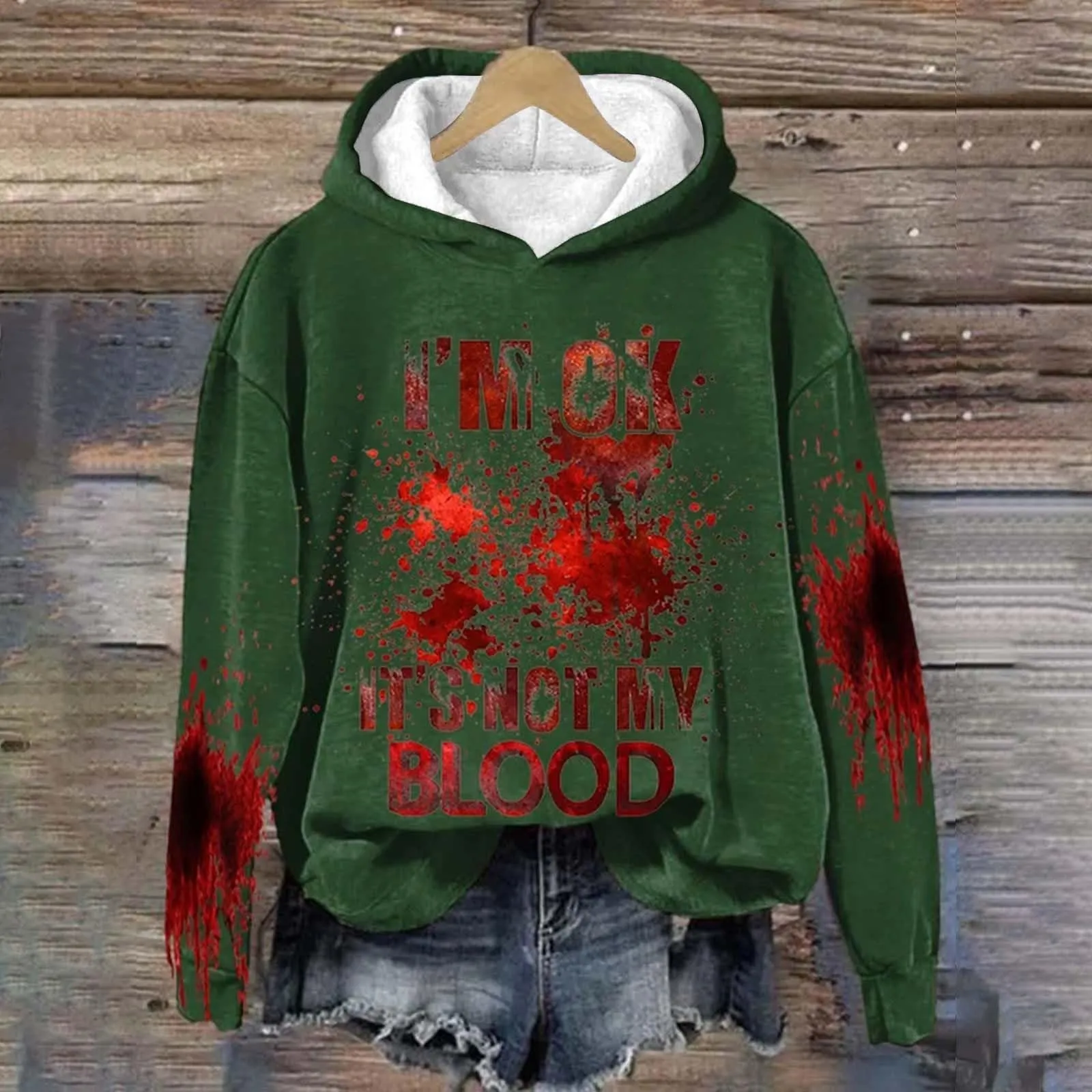 Gothic Blood Sweatshirts Women I'M Ok It'S Not My Blood Hoodies Halloween Sarcastic Humor Hooded Pullover Tunics Female Blouses