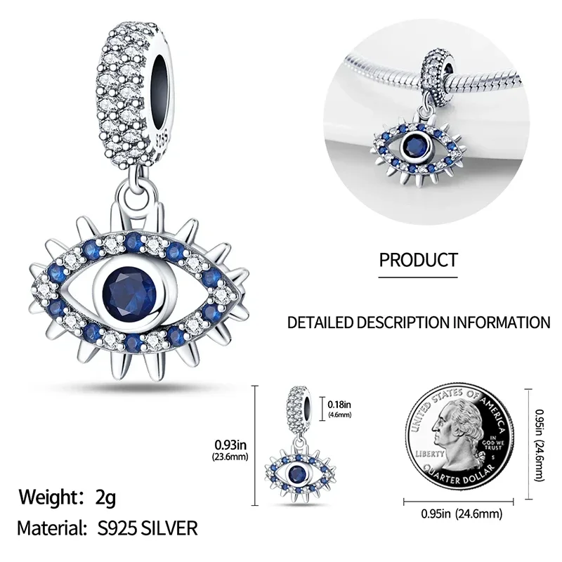 Sterling Silver 925 Classic Devil\'s Eye Charm Beads For Original Bracelet Fine DIY Jewelry for Women Making Gifts