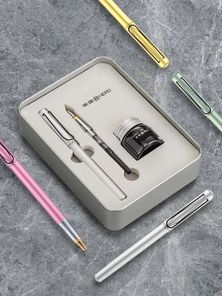 

Hero Metal Iron Box fountain pen Ink Set High quality luxury Gift Stationery Supplies Ink pen