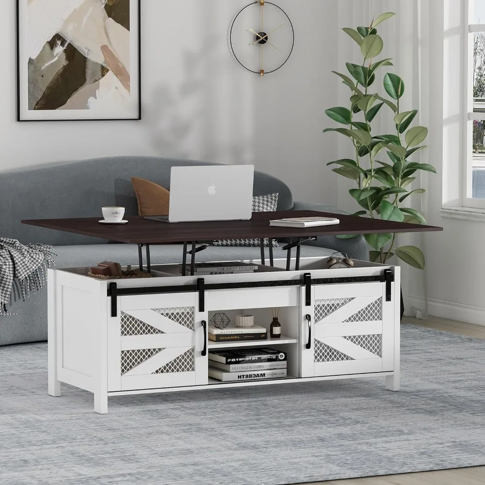 (Spring Sale) 47.2 Inch Lift Table Coffee Table, 4-in-1 Modern Coffee Table with Sliding Barn Door, Living Room Coffee Table