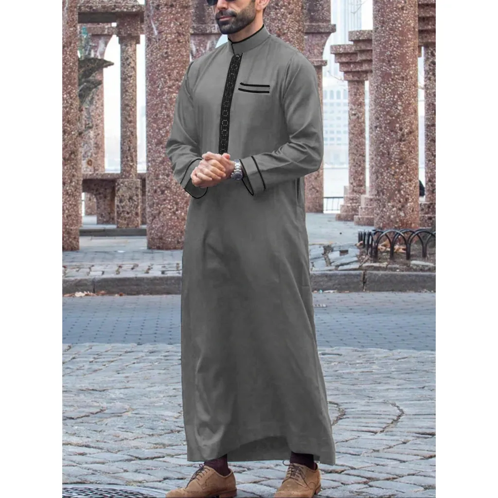 Abito da uomo musulmano a maniche lunghe in stile etnico ricamato colletto alla coreana abbigliamento arabo abito casual islamico da uomo