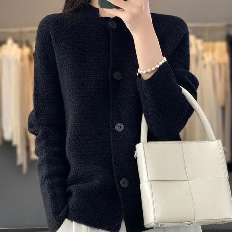 Female Clothing Stand Collar Cardigan Spring Autumn Casual Single-breasted Basic Solid Color Stylish Hollow Out Knitted Sweaters