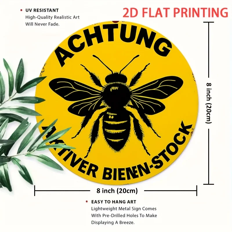 مسطح ثنائي الأبعاد، قطعة واحدة من علامة تحذير مستعمرة النحل النشطة - مع النص الألماني "Achtung - Aktiver Birnenstock"، رسم النحل - شركة الحديد شديدة التحمل