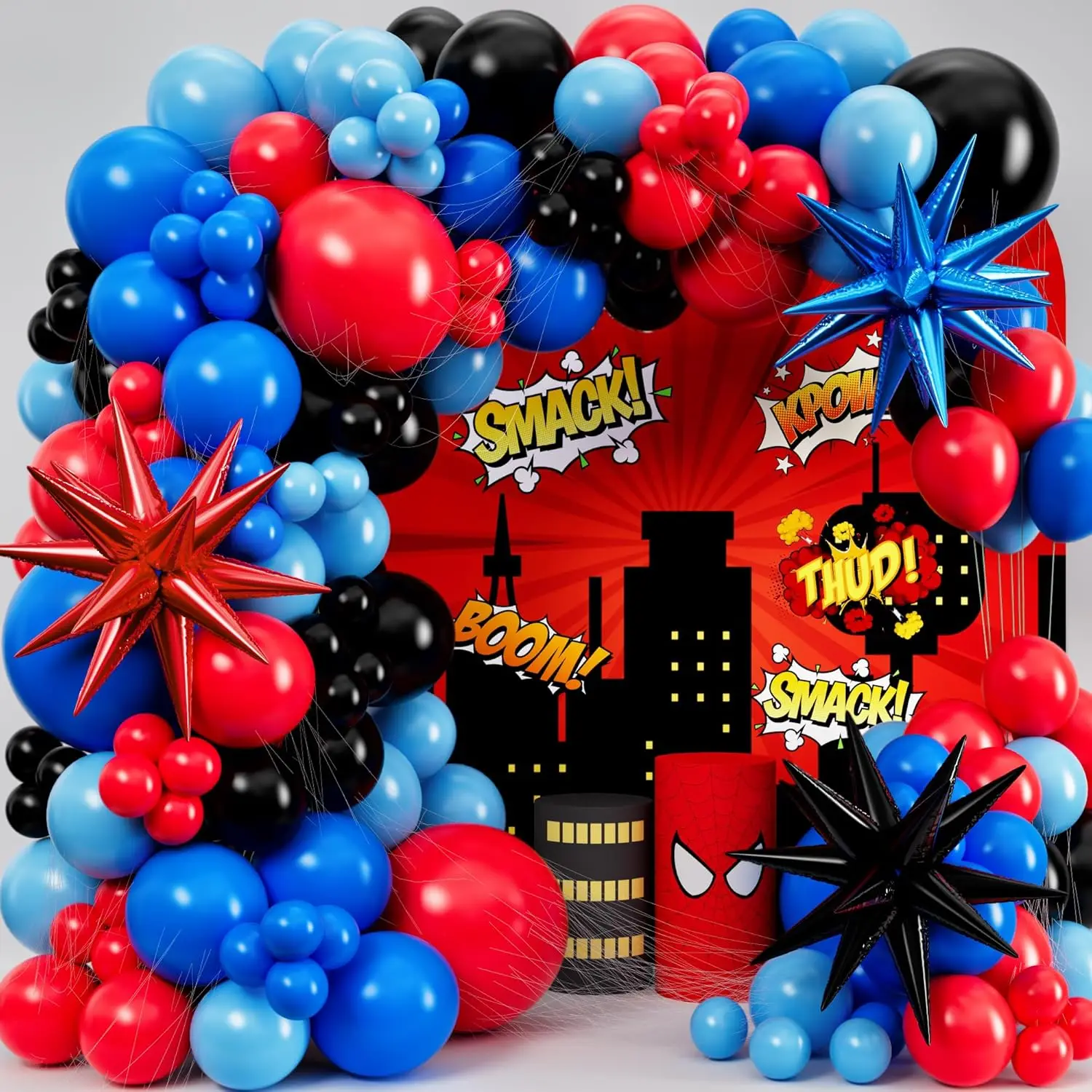 Guirnalda de Globos de Látex Negros, Rojos y Azules, Kit de Arco de Globos con Temática de Araña para Decoración de Fiestas de Cumpleaños de Superhéroes
