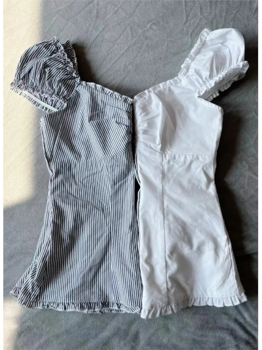 Blue Striped Folds Blouse Top Women New Casual Single Breasted Ruffle Sleeveless Tank Tops Vest Sweet Preppy Style Camisole Y2K image 5
