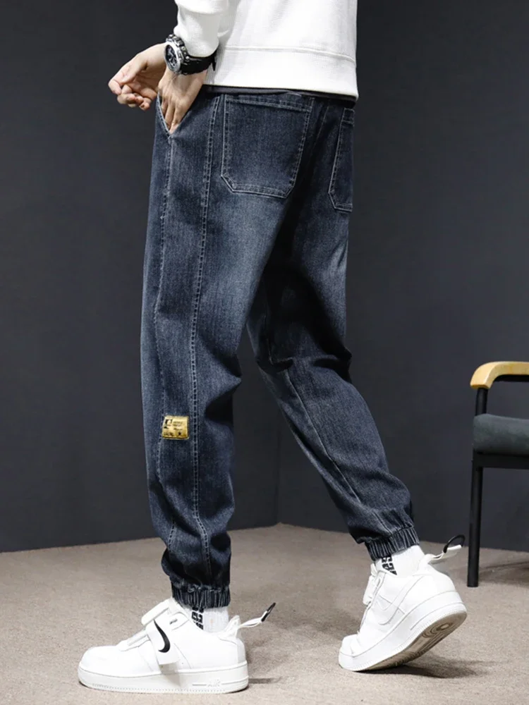 سراويل الرجال المربوطة بالقدم ، الركض الكاجوال ، بنطال رياضي من الدنيم ، بنطلون رجالي ، أزرق ، ملابس رمادية ، جديد ، خريف